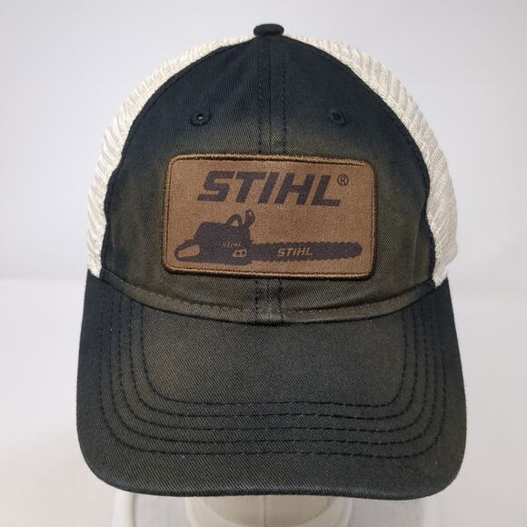 STIHL Leather Patch Snapback Trucker Hat Black One Size Mesh Back - Picture 2 of 10